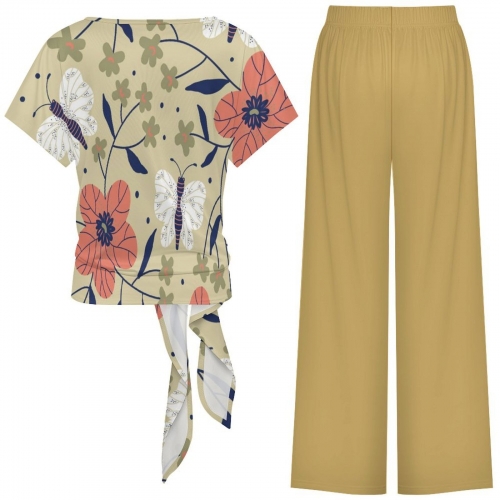 Women's Side-Tie Short Sleeve Top & Wide-Leg Pants Set