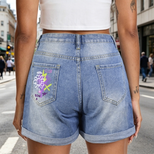Light-Wash Blue Denim Shorts (Left Pocket Print) | Ships from USA