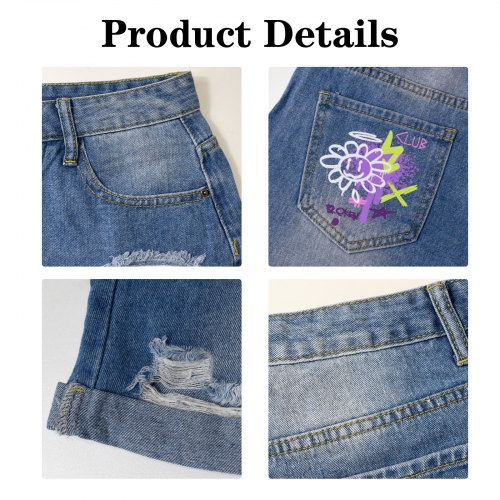 Light-Wash Blue Denim Shorts (Left Pocket Print) | Ships from USA