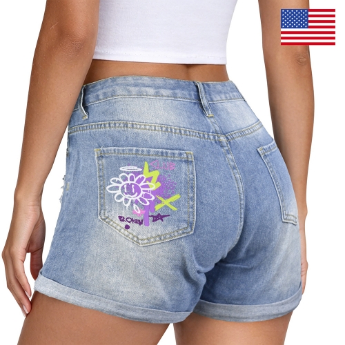 Light-Wash Blue Denim Shorts (Left Pocket Print) | Ships from USA