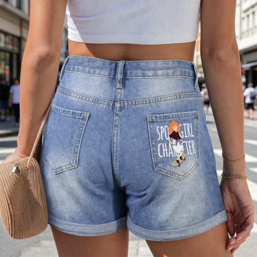 Light-Wash Blue Denim Shorts (Right Pocket Print) | Ships from USA