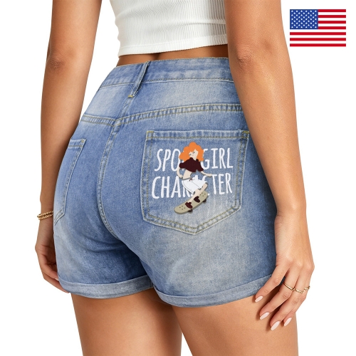 Light-Wash Blue Denim Shorts (Right Pocket Print) | Ships from USA