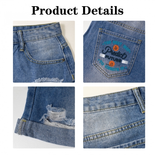 Light-Wash Blue Denim Shorts (Dual Pockets Print) | Ships from USA