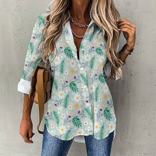 All Over Print Cotton Women's Long Sleeve Irregular Hem Shirt