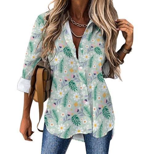All Over Print Cotton Women's Long Sleeve Irregular Hem Shirt