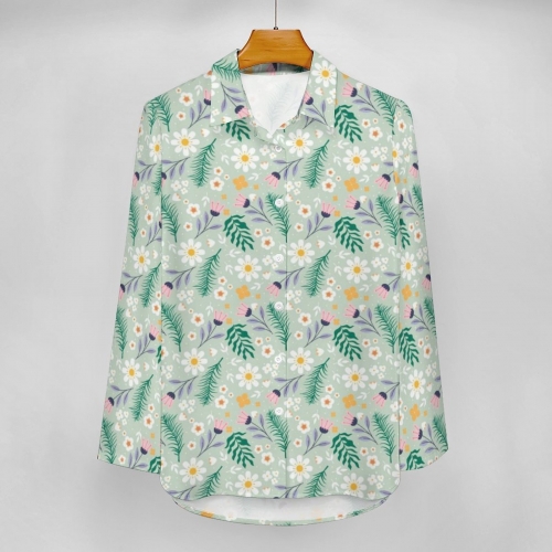 All Over Print Cotton Women's Long Sleeve Irregular Hem Shirt