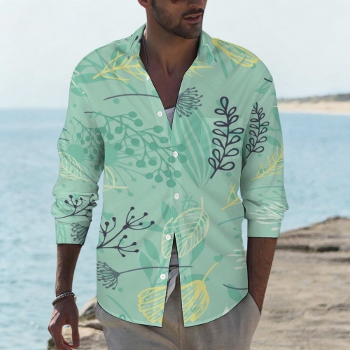 All Over Print Cotton Men's Lapel Pocket Long Sleeve Shirt