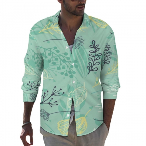 All Over Print Cotton Men's Lapel Pocket Long Sleeve Shirt