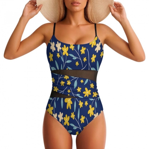 Women's Square Neck Mesh Spliced One Piece Swimsuit