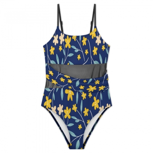 Women's Square Neck Mesh Spliced One Piece Swimsuit