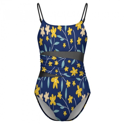 Women's Square Neck Mesh Spliced One Piece Swimsuit