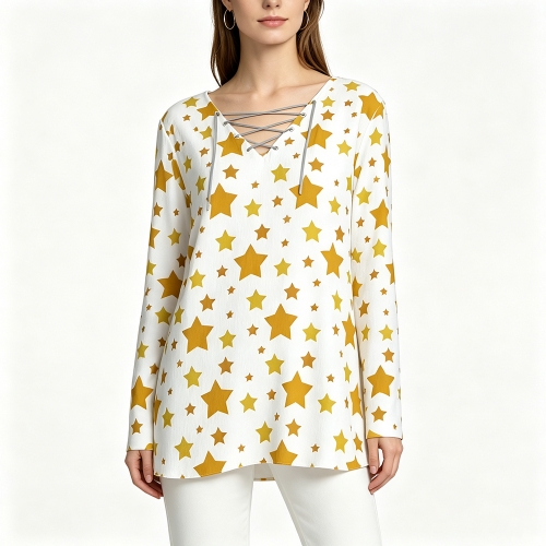 Women's V-neck Drawstring Long Sleeve Shirt