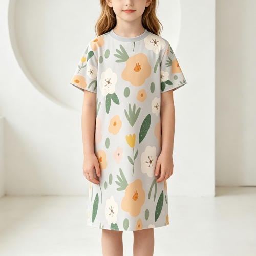Girl's Round Neck Short Sleeve Nightgown