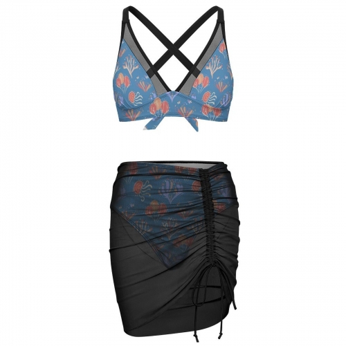 Women's Mesh Drawstring Skirt and Swimsuit Set