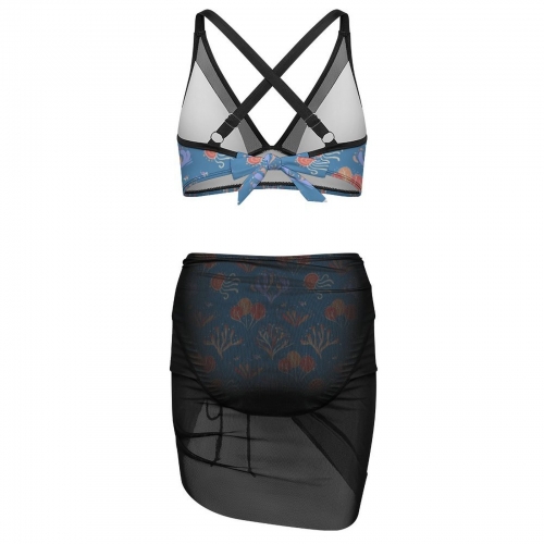 Women's Mesh Drawstring Skirt and Swimsuit Set