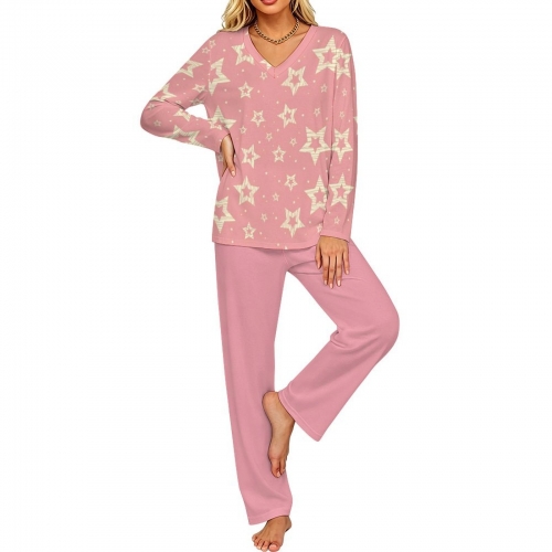 Women's V-Neck Long Sleeve Pajama Set with Pockets