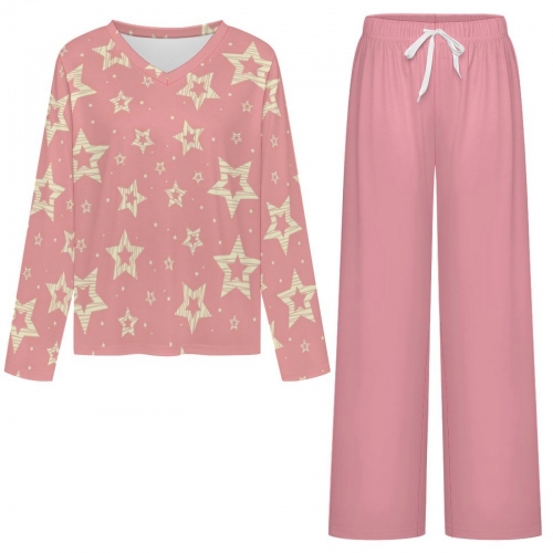 Women's V-Neck Long Sleeve Pajama Set with Pockets