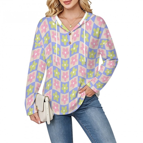 Women's V-Neck Button-Front Drawstring Hoodie