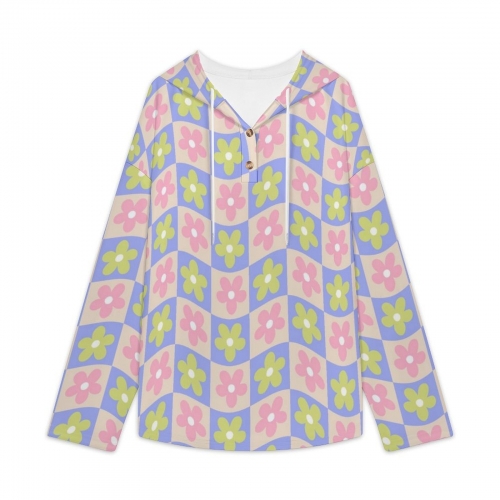 Women's V-Neck Button-Front Drawstring Hoodie