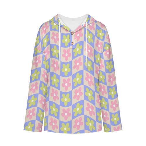 Women's V-Neck Button-Front Drawstring Hoodie