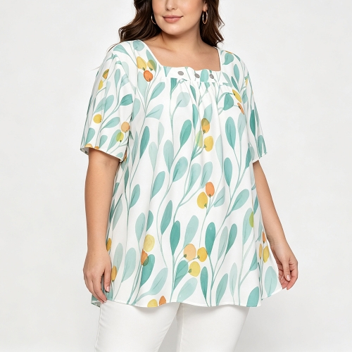 Women's Square Neck Short Sleeve Shirt With Three Buttons