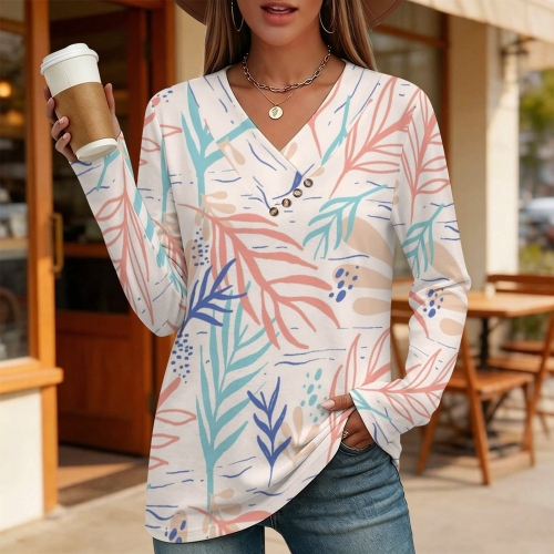 Women's Cross V Neck Button Long Sleeve Top