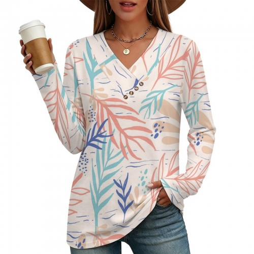 Women's Cross V Neck Button Long Sleeve Top