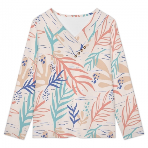 Women's Cross V Neck Button Long Sleeve Top