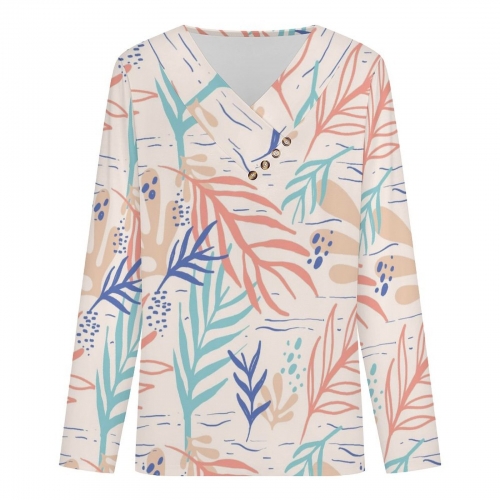 Women's Cross V Neck Button Long Sleeve Top