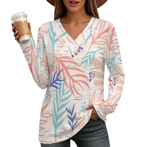 Women's Cross V Neck Button Long Sleeve Top
