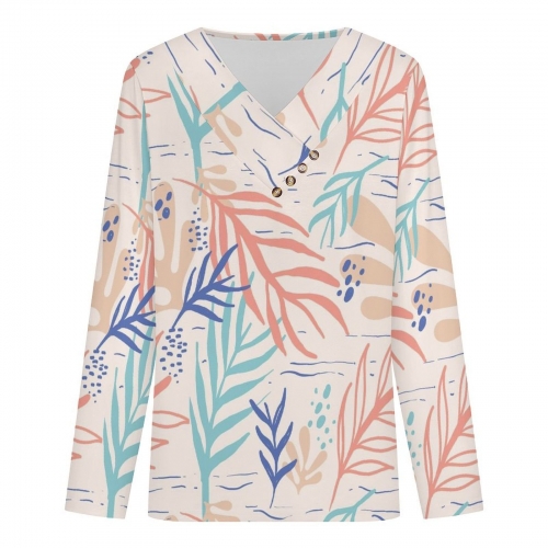 Women's Cross V Neck Button Long Sleeve Top
