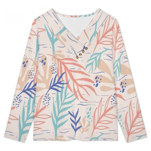 Women's Cross V Neck Button Long Sleeve Top