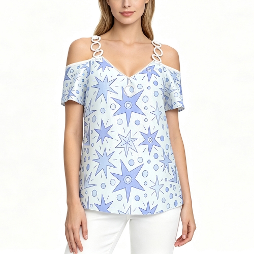 Women's V Neck Metal Strap Off Shoulder Top