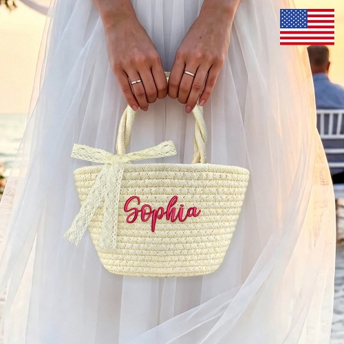 Custom Embroidered Woven Straw Basket Bag | Ships from USA