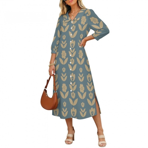 Women's Collar Side Slits Dress with Buttons