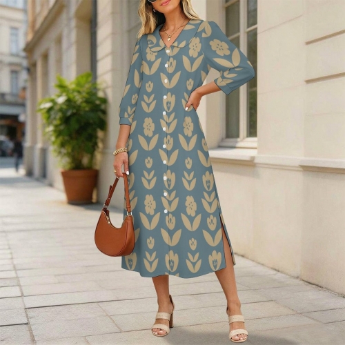 Women's Collar Side Slits Dress with Buttons