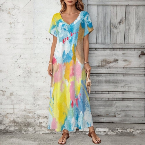 Women's V-Neck Short Sleeve Maxi Dress