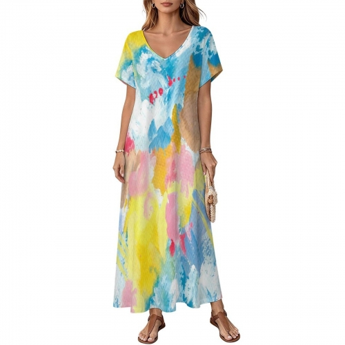 Women's V-Neck Short Sleeve Maxi Dress