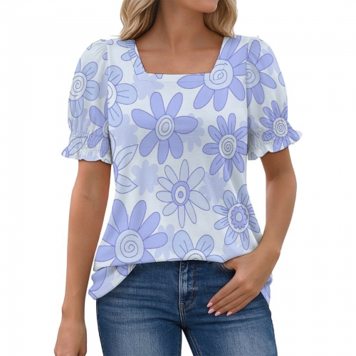 Women's Square Neck Ruffle Cuff Short Sleeve Top