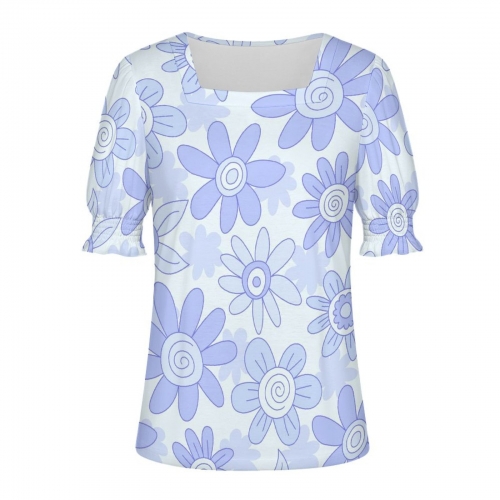 Women's Square Neck Ruffle Cuff Short Sleeve Top